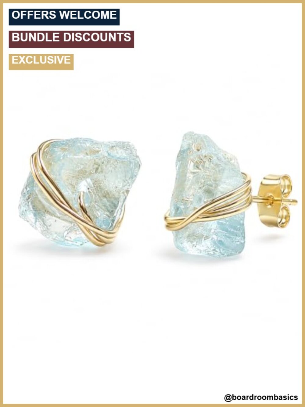 Raw Aquamarine Stud Earrings 14K Gold Plated Wire Wrapped Minimalist